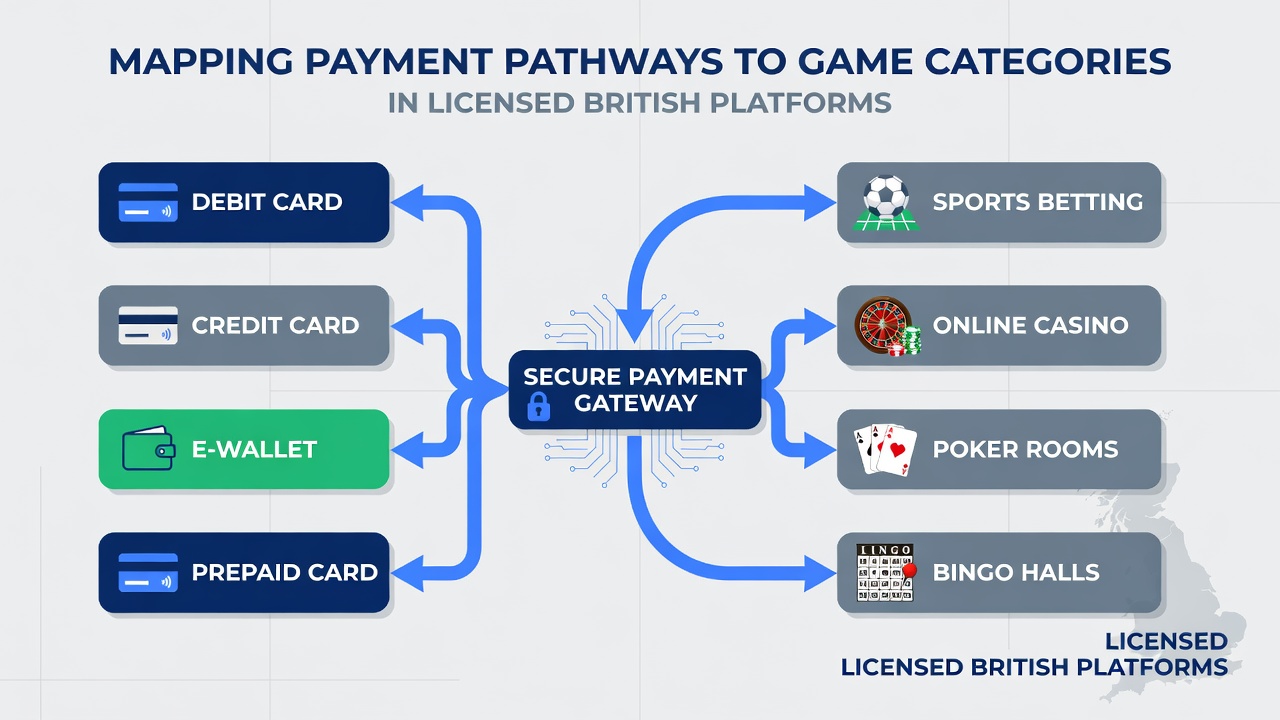 Detailed flowchart illustrating how e-wallets, cards and bank transfers connect to distinct game categories in British licensed environments